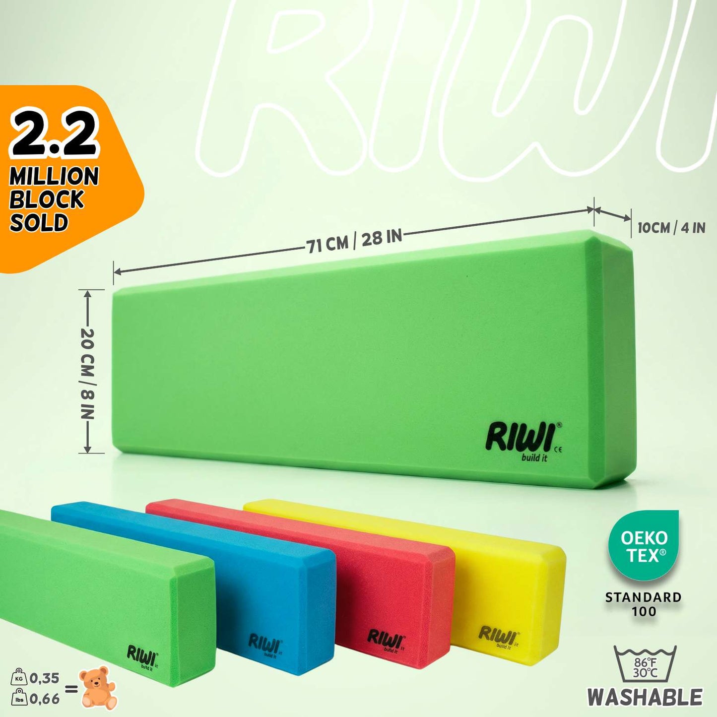 Green building block with dimensions and Riwi branding on a light green background