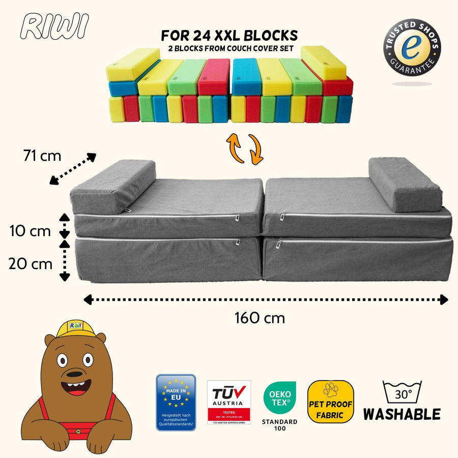 RIWI® play couch dimensions: 160 × 71 cm, height 10 + 20 cm