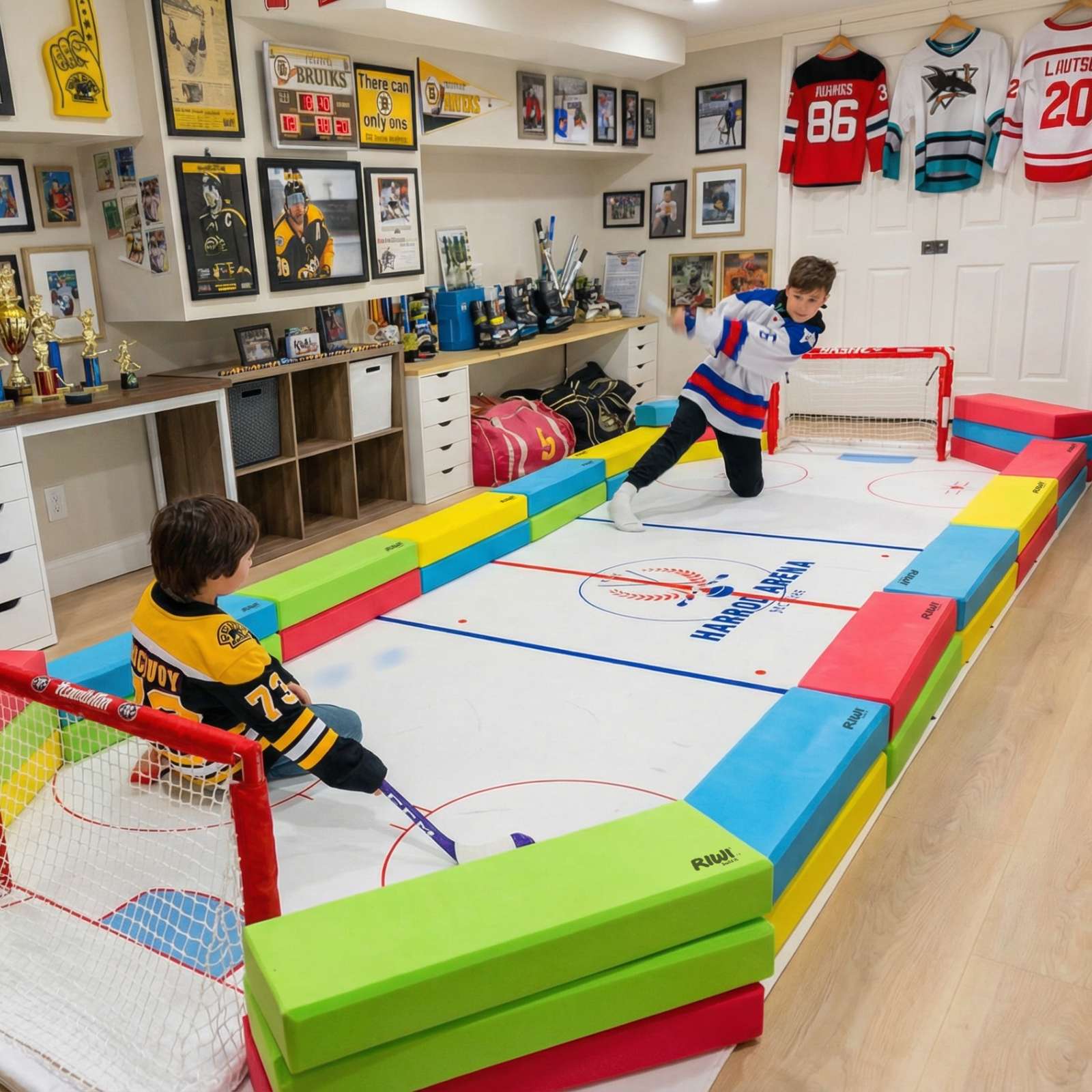 Two children playing ice hockey with RIWI blocks
