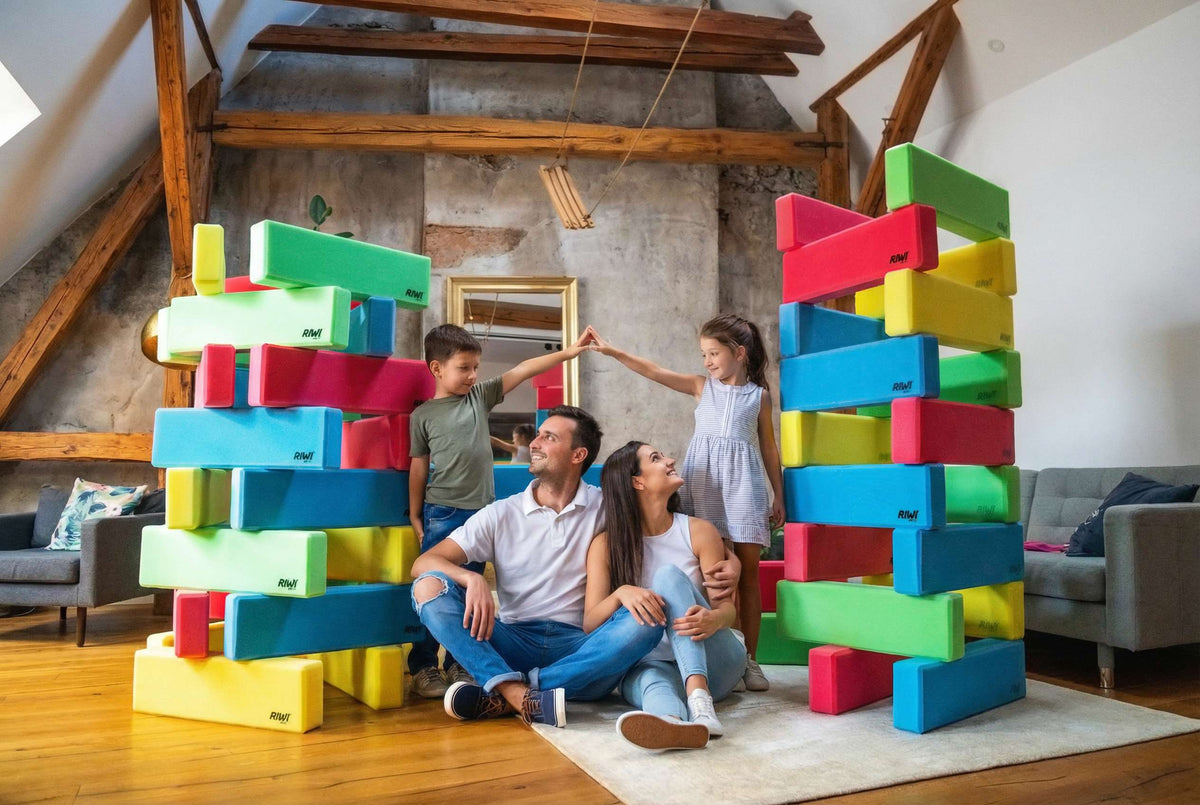 Family building towers together from RIWI® mini blocks