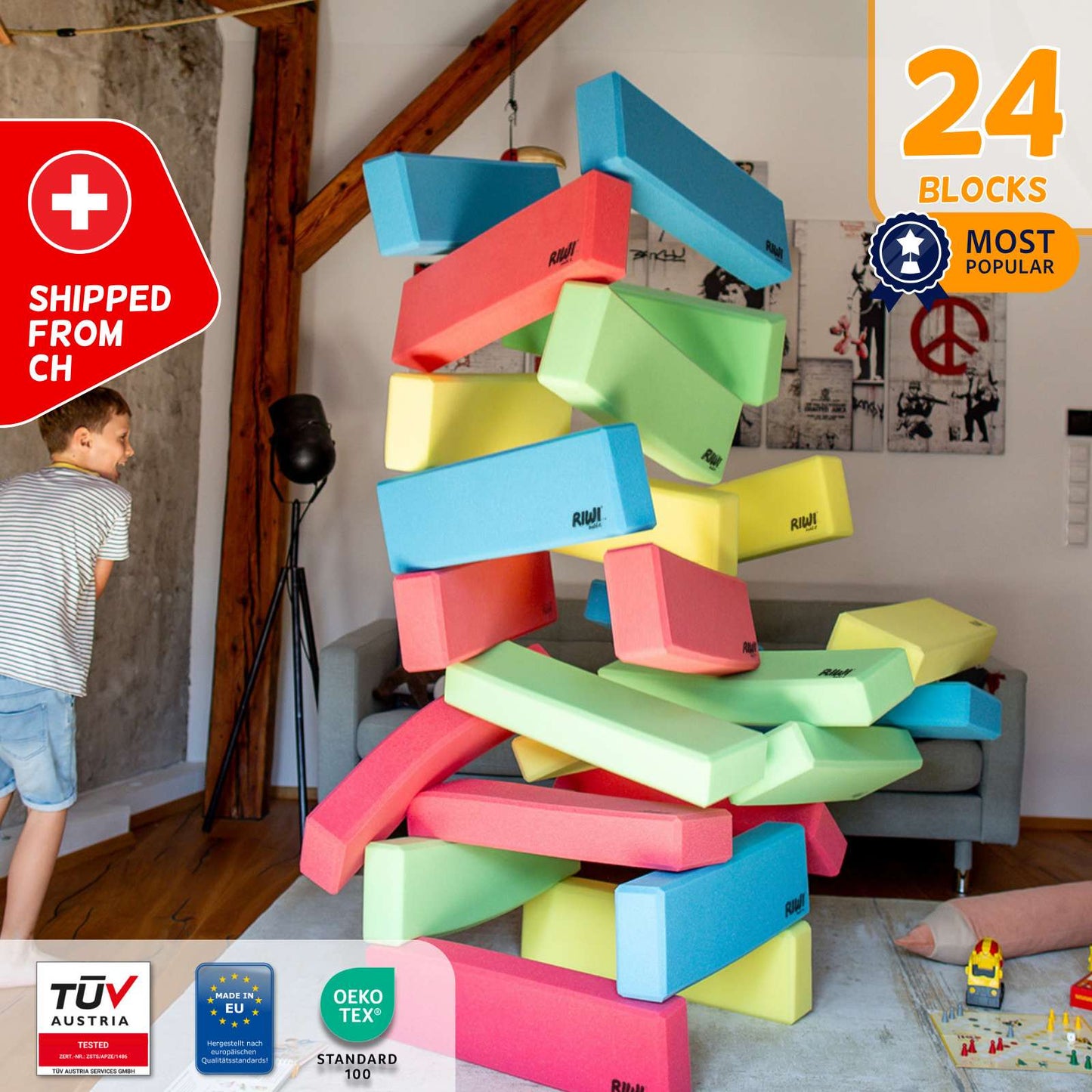 24 RIWI XXL Bausteine Tür geprüft und Kind beim spielen