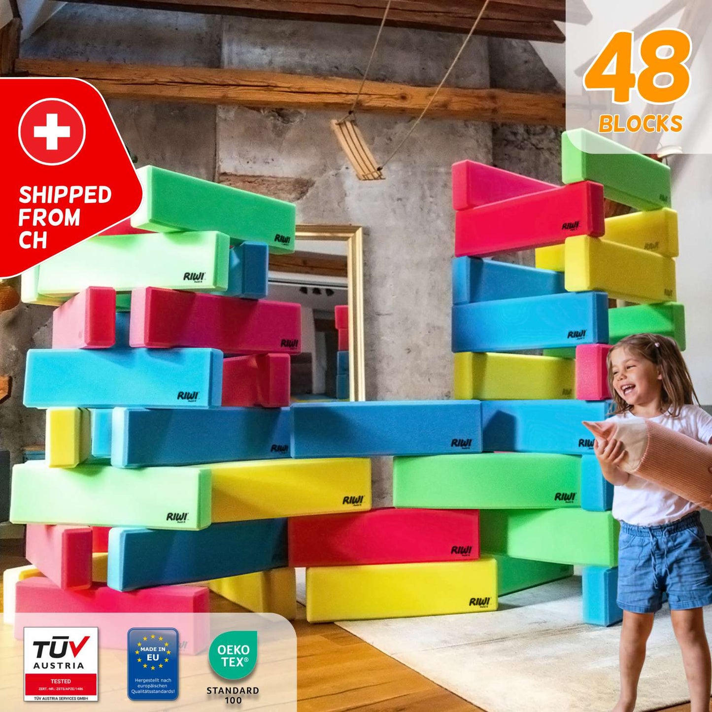 48 RIWI XXL Bausteine Tür geprüft und Kind beim spielen